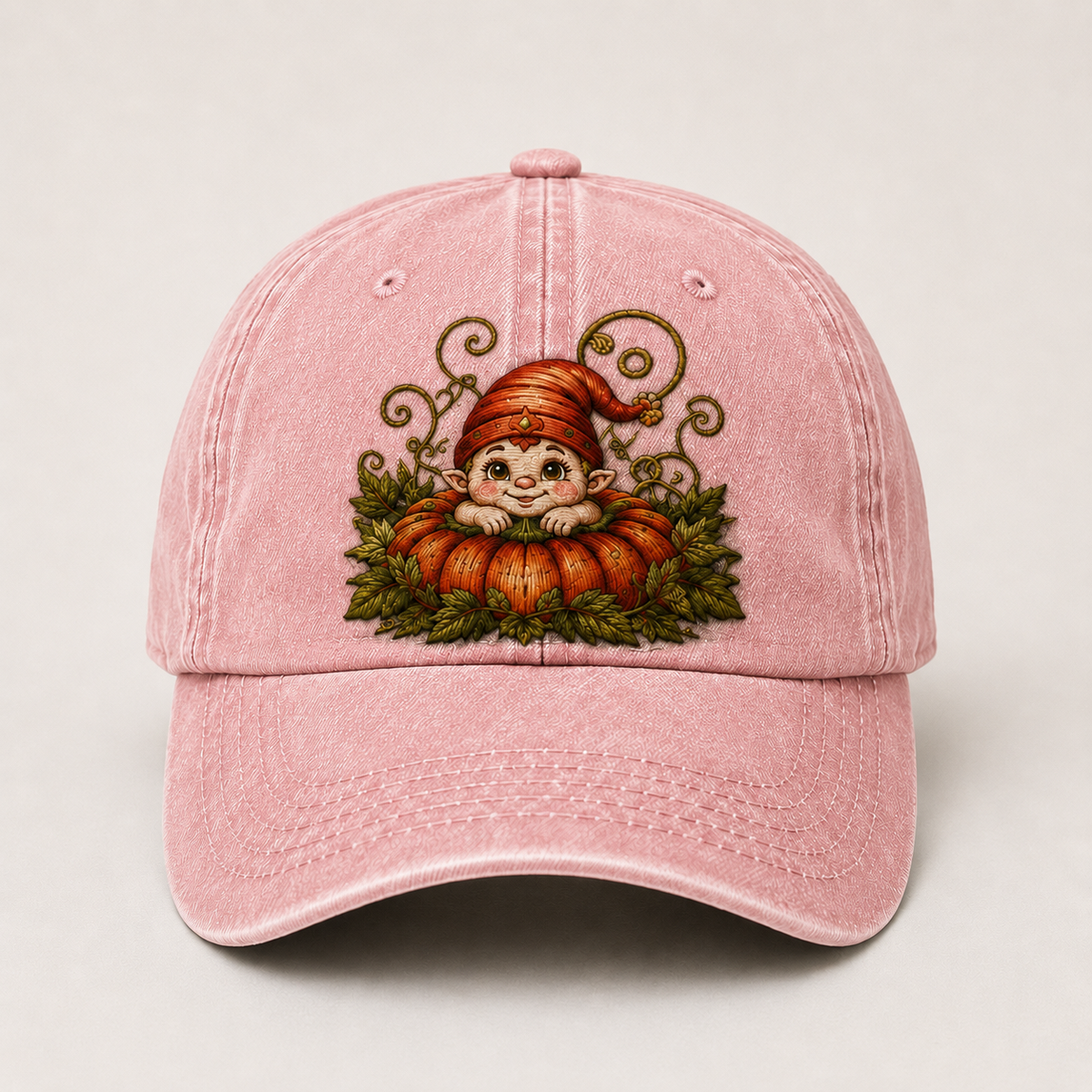Vintage Pumpkin Gnome Embroidered Baseball Cap | Washed Adjustable Fall Hat