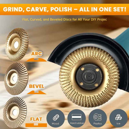 3-Piece Wood Carving Disc Set | Flat, Curved & Beveled Angle Grinder Wheels