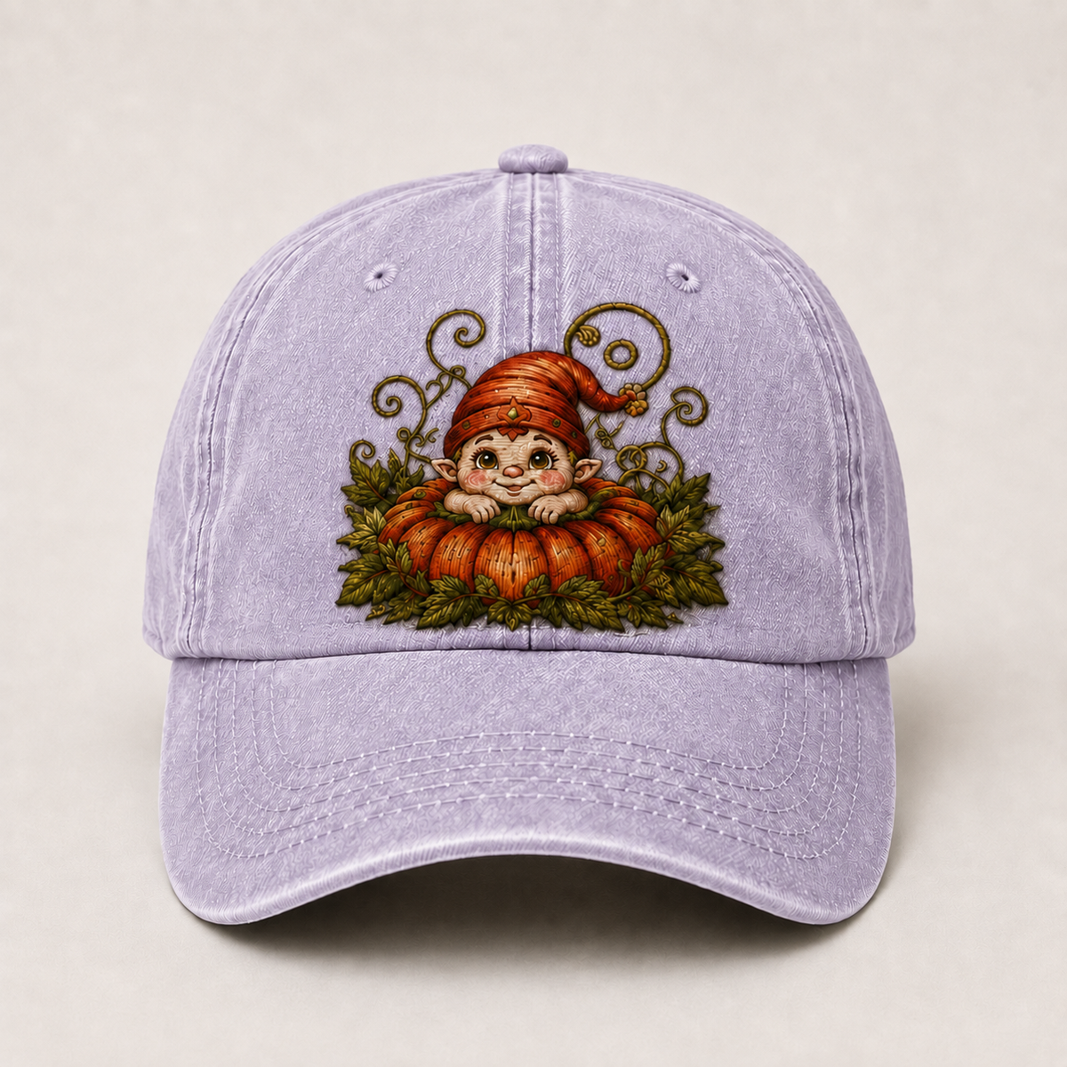Vintage Pumpkin Gnome Embroidered Baseball Cap | Washed Adjustable Fall Hat