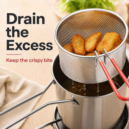 Personal Mini Deep Frying Pot Set | 304 Stainless Steel Fryer with Drain Basket & Tongs