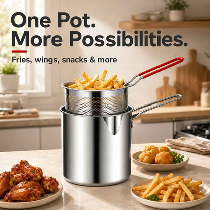 Personal Mini Deep Frying Pot Set | 304 Stainless Steel Fryer with Drain Basket & Tongs