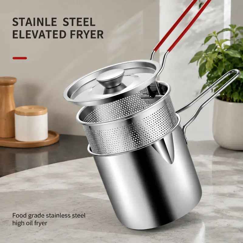 Personal Mini Deep Frying Pot Set | 304 Stainless Steel Fryer with Drain Basket & Tongs