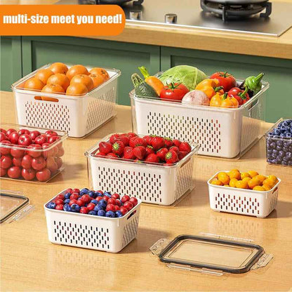 Fruit & Vegetable Storage Container with Drain Basket | Refrigerator Organizer Box for Fresh Food