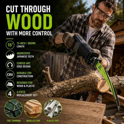 4-Pack 15" Japanese-Tooth Reciprocating Saw Blades | Curved Wood Pruning Blades