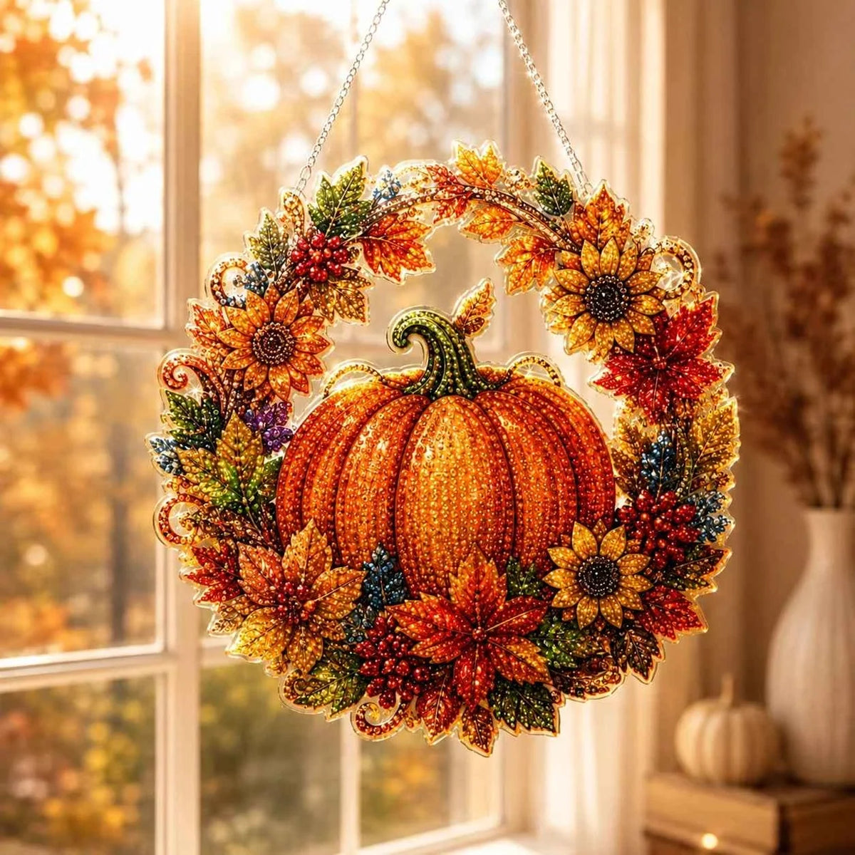 DIY Diamond Painting Pumpkin Wreath Kit – Autumn & Halloween Hanging Decor
